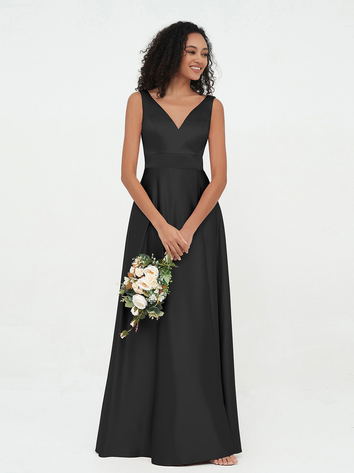 V-neck Satin Max Dresses Black