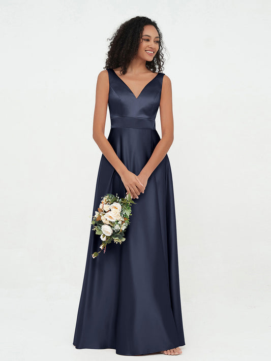 V-neck Satin Max Dresses Dark Navy