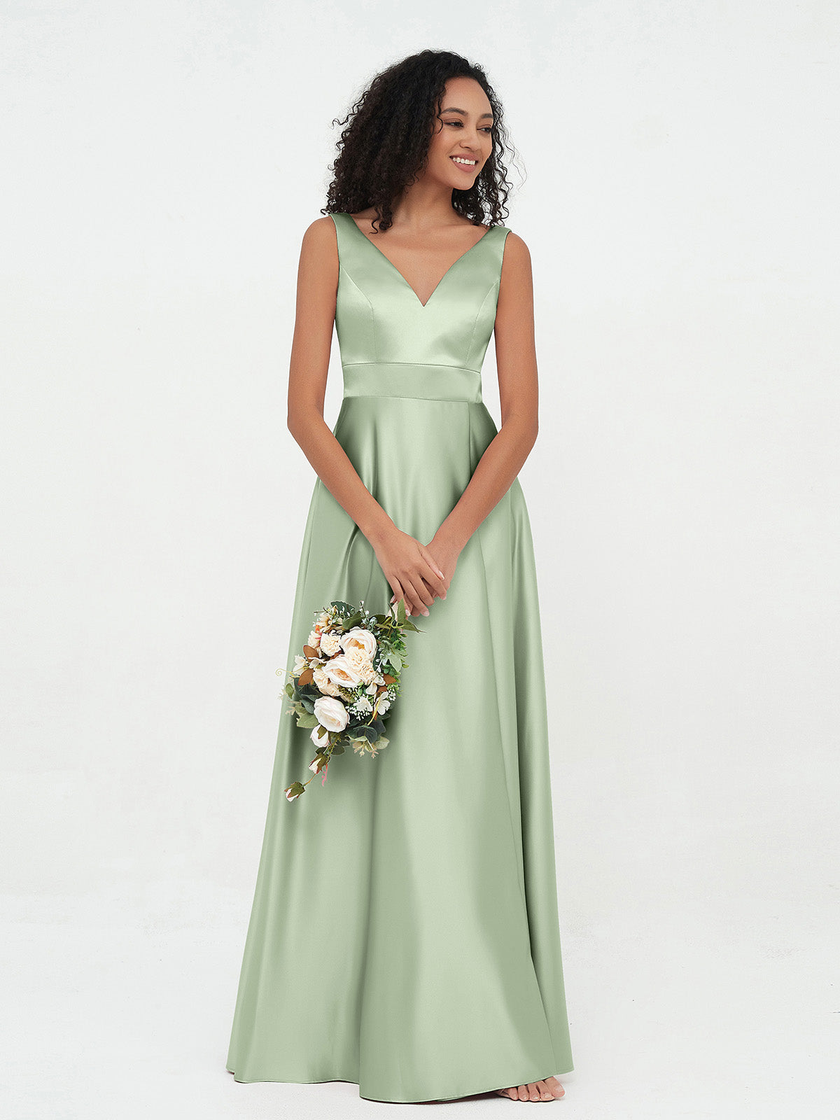 V-neck Satin Max Dresses Sage