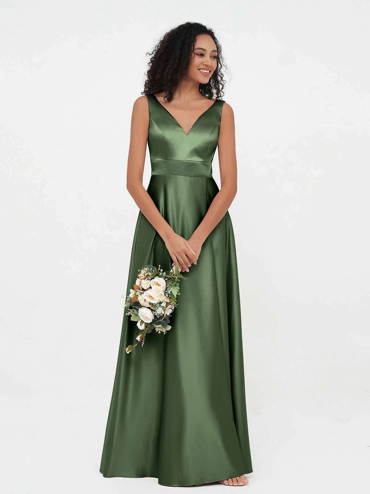 V-neck Satin Max Dresses Olive Green