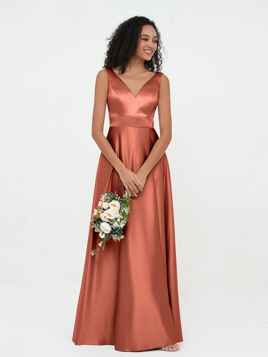 V-neck Satin Max Dresses Rust