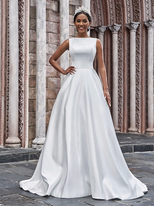 Satin Bateau Ruffles Sleeveless Wedding Dress