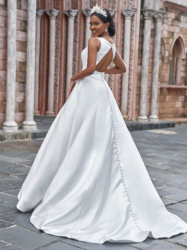 Satin Bateau Ruffles Sleeveless Wedding Dress