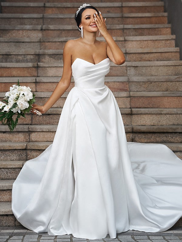 Princess Satin Ruffles Sweetheart Sleeveless Chapel Train Wedding Dres