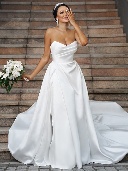 Princess Satin Ruffles Sweetheart Sleeveless Chapel Train Wedding Dres