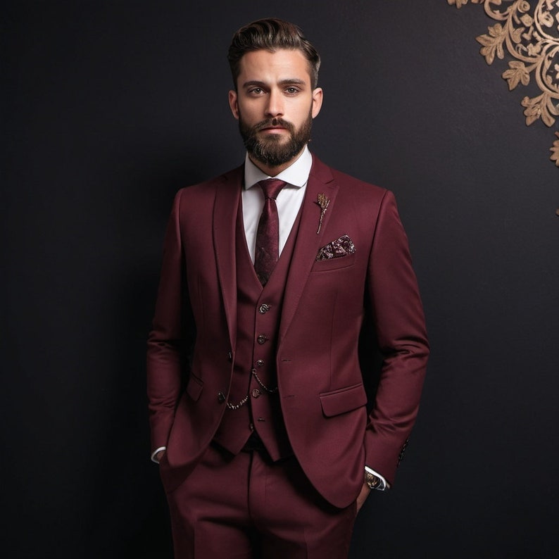 Burgundy 3Pcs Suit